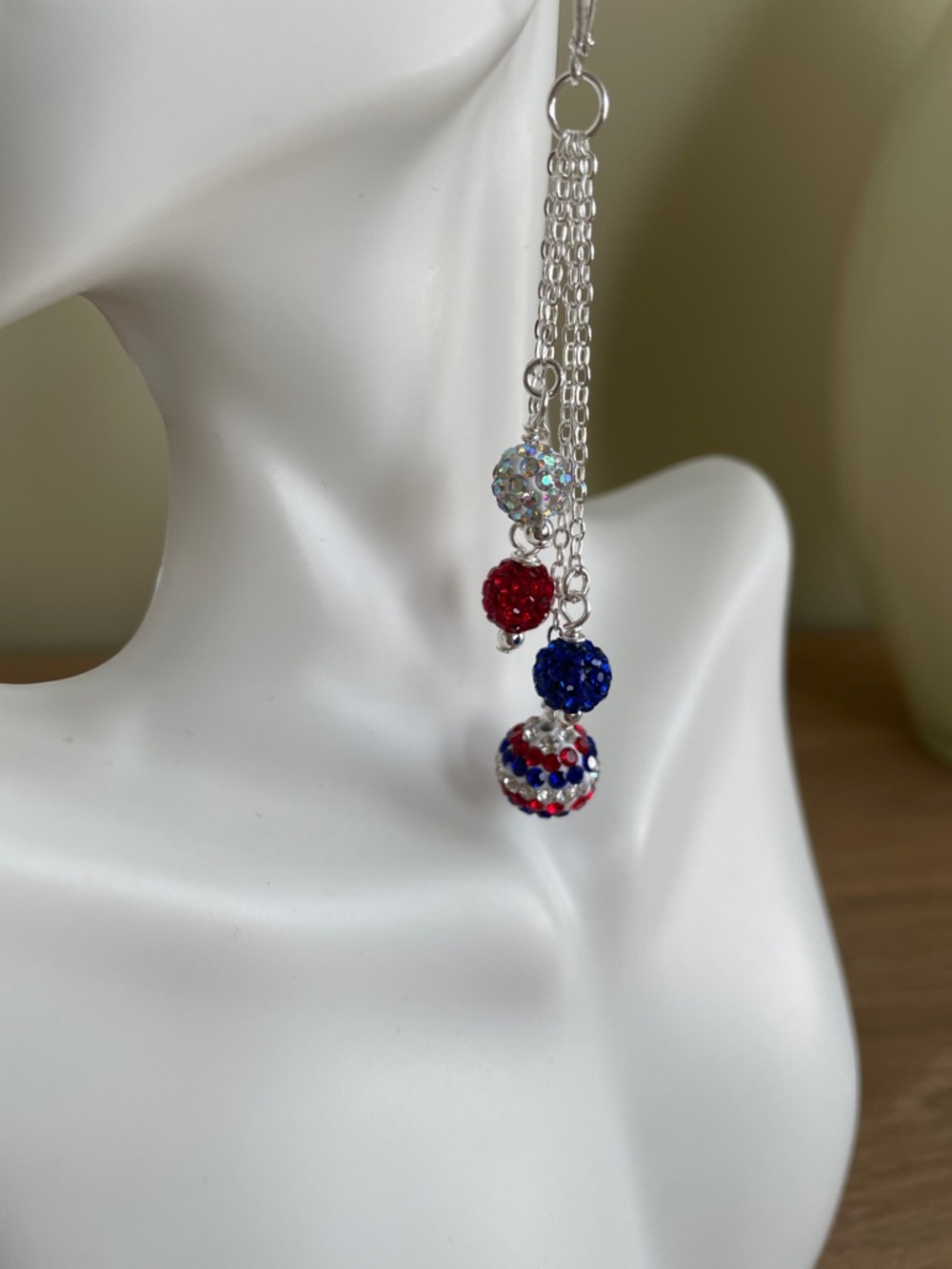 HAND CRAFTED PATRIOTIC DANGLE EARRINGS Red White & Blue Crystal Disco Balls